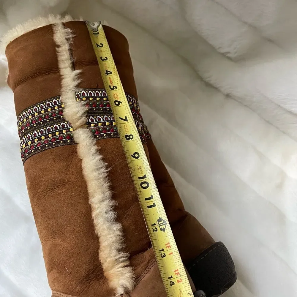 Born leather suede tan boots shearling fur lined multi color ribbon appliqué SZ6